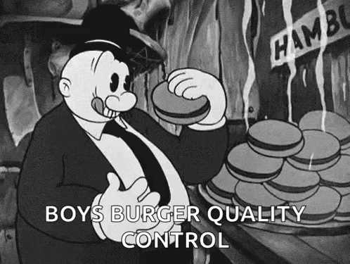 A Black And White Cartoon Of A Man Eating A Hamburger With The Caption `` Boys Burger Quality Control '' . GIF