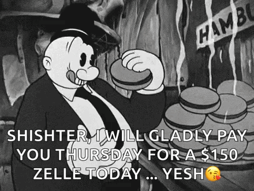 A Black And White Cartoon Of A Man Eating A Hamburger With The Caption Shishter GIF