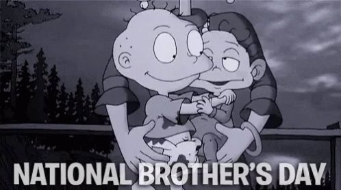 A Black And White Cartoon Of A Man Holding A Baby With The Words `` National Brother 'S Day '' Written Above Them . GIF