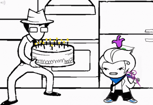 A Black And White Cartoon Of A Man Holding A Birthday Cake GIF