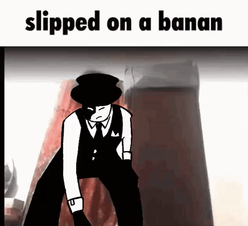 A Black And White Cartoon Of A Man In A Top Hat With The Words Slipped On A Banana Below Him GIF