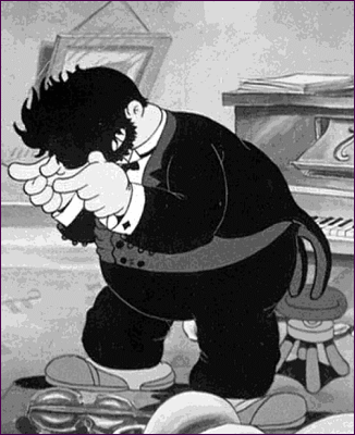 A Black And White Cartoon Of A Man In A Tuxedo Kneeling Down GIF