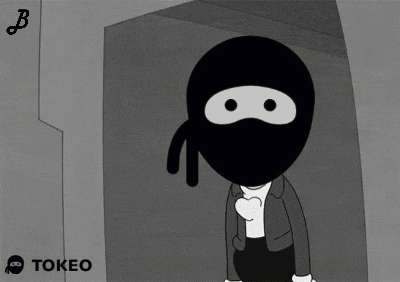 A Black And White Cartoon Of A Ninja With A Tokeo Logo Behind Him GIF