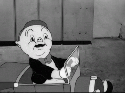 a black and white cartoon of a pig in a suit driving a car