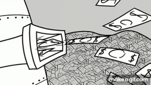 A Black And White Cartoon Of A Pile Of Money Being Thrown Into The Air . GIF