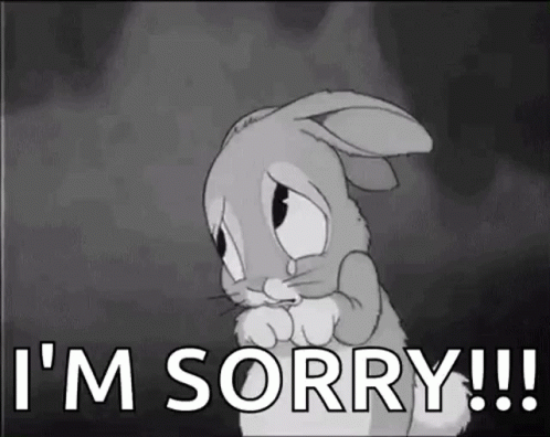 A Black And White Cartoon Of A Sad Bunny Rabbit Saying `` I 'M Sorry '' . GIF