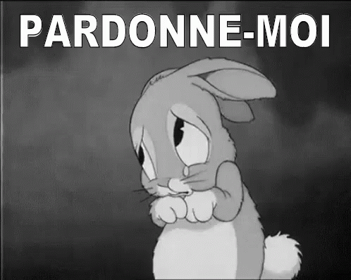 A Black And White Cartoon Of A Sad Bunny With The Words Pardonne-Moi Written Below It GIF