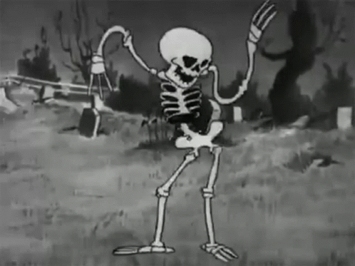 A Black And White Cartoon Of A Skeleton Dancing In A Graveyard . GIF
