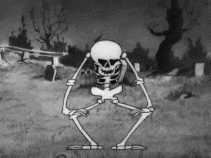 A Black And White Cartoon Of A Skeleton In A Cemetery . GIF
