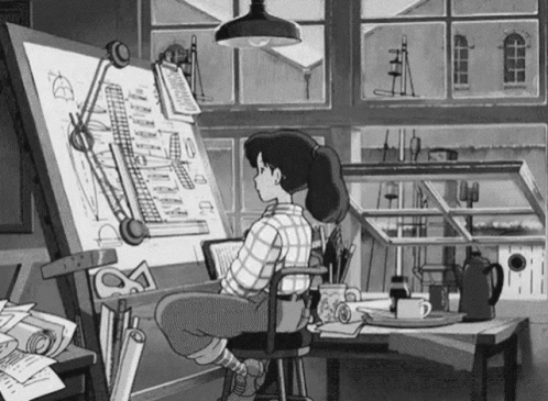 A Black And White Cartoon Of A Woman Sitting At A Desk Looking At A Drawing On A Board . GIF