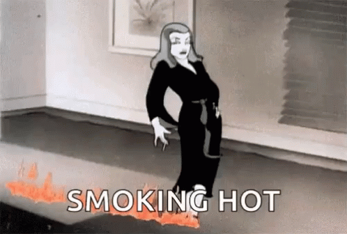 A Black And White Cartoon Of A Woman Standing On A Burning Carpet . GIF