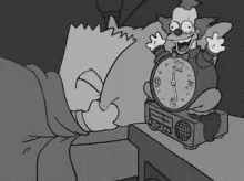 A Black And White Cartoon Of Bart Simpson Laying In Bed Next To A Clown Alarm Clock GIF