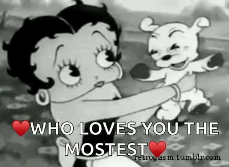 A Black And White Cartoon Of Betty Boop Hugging A Puppy GIF