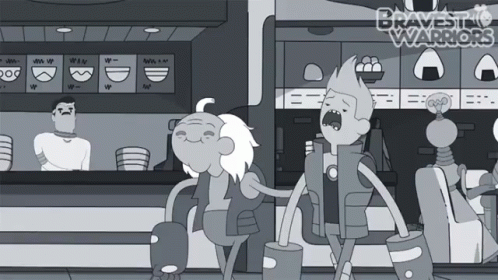 a black and white cartoon of bravest warriors in a food court