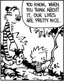 A Black And White Cartoon Of Calvin And Hobbes Talking About Life . GIF