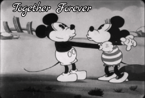 A Black And White Cartoon Of Mickey Mouse And Minnie Mouse With The Words Together Forever Above Them GIF