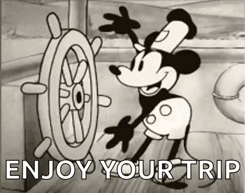 A Black And White Cartoon Of Mickey Mouse Steering A Boat GIF