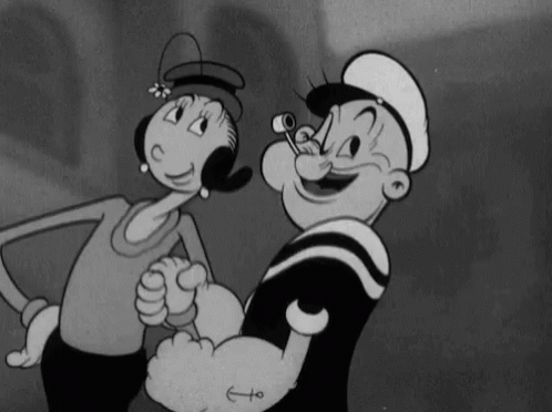 A Black And White Cartoon Of Popeye And A Woman Standing Next To Each Other GIF