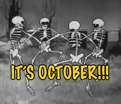 A Black And White Cartoon Of Skeletons Dancing With The Words `` It 'S October '' . GIF