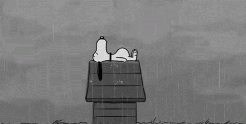 A Black And White Cartoon Of Snoopy Laying On A Doghouse In The Rain . GIF