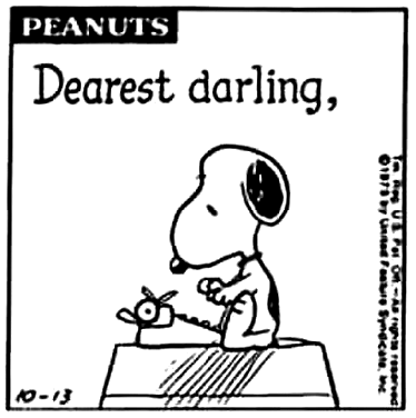 A Black And White Cartoon Of Snoopy Talking On A Phone With The Words Dearest Darling GIF