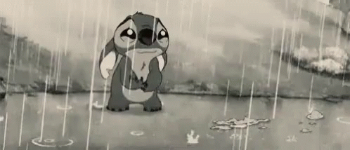A Black And White Cartoon Of Stitch Standing In The Rain Holding A Fish . GIF