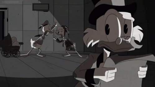 A Black And White Cartoon Shows Donald Duck And Uncle Scrooge GIF