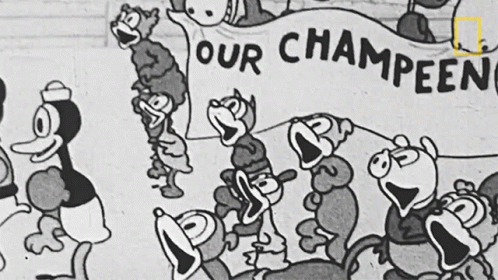 A Black And White Cartoon With A Banner That Says " Our Champeen " GIF