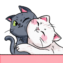 A Black And White Cat Hugging Each Other On A Pink Surface GIF