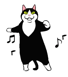 a black and white cat is dancing in a cartoon with music notes around it .