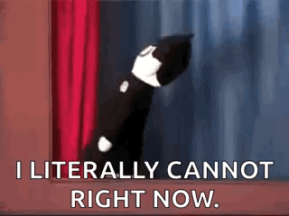 A Black And White Cat Is Standing In Front Of A Red Curtain And Saying `` I Literally Cannot Right Now . '' GIF