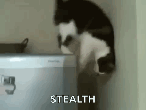 A Black And White Cat Is Standing On Its Hind Legs Next To A Dishwasher And The Word Stealth Is Visible . GIF