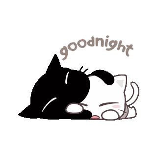 a black and white cat laying down with the words goodnight above it
