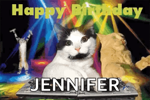 A Black And White Cat Sitting On Top Of A Laptop With The Name Jennifer Written Below It GIF