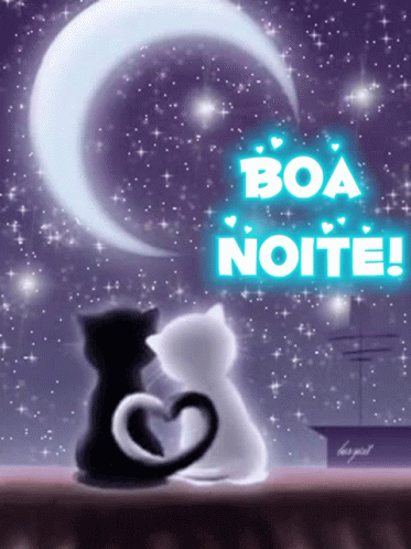 A Black And White Cat Sitting Under A Crescent Moon With The Words Boa Noite Written Above Them GIF