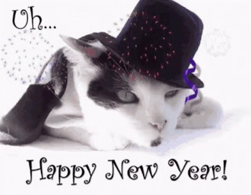 A Black And White Cat Wearing A Top Hat And Tie On A New Year 'S Greeting Card . GIF