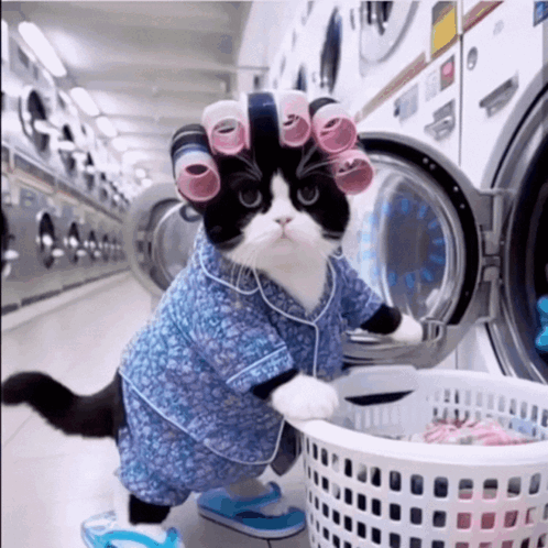 A Black And White Cat Wearing Curlers Is Standing Next To A Laundry Basket In A Laundromat GIF