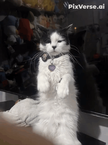 A Black And White Cat With A Collar And A Tag That Says ' Pixverse.ai ' On The Bottom GIF