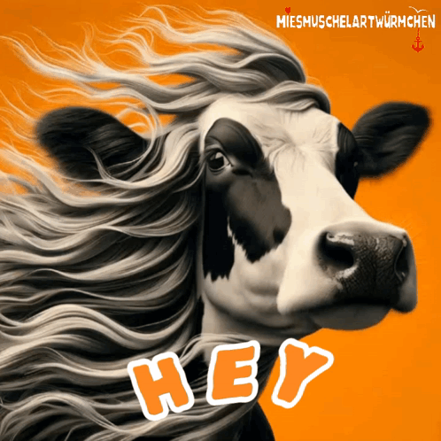 A Black And White Cow With Long Hair Says Hey On A Orange Background GIF
