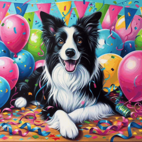 A Black And White Dog Laying On A Table Surrounded By Balloons And Confetti GIF
