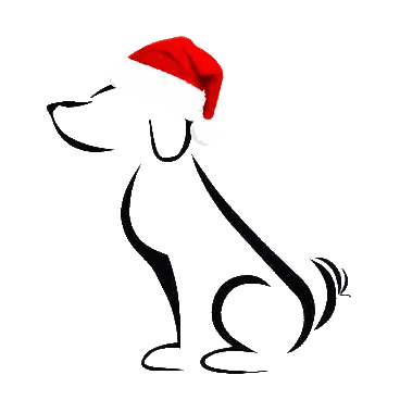 a black and white dog wearing a santa hat