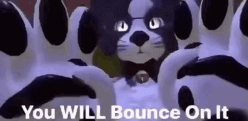 A Black And White Dog With Glasses And A Bow Tie Is Being Bounced On By A Person 'S Feet . GIF