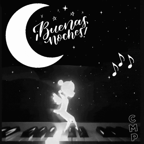 A Black And White Drawing Of A Ballerina And The Words " Buenas Noches " In White Letters GIF