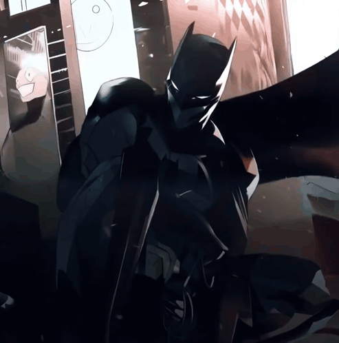 A Black And White Drawing Of A Batman Standing In A Room GIF