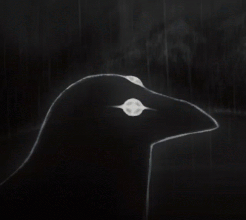 A Black And White Drawing Of A Bird 'S Head With A Light In Its Eyes . GIF