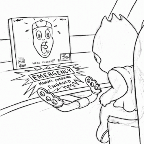 A Black And White Drawing Of A Box That Says Emergency Manual Override Engaged GIF