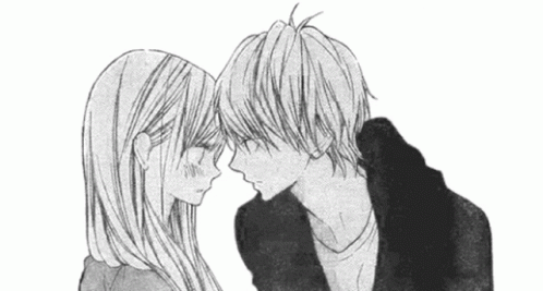 A Black And White Drawing Of A Boy And A Girl Kissing Each Other . GIF
