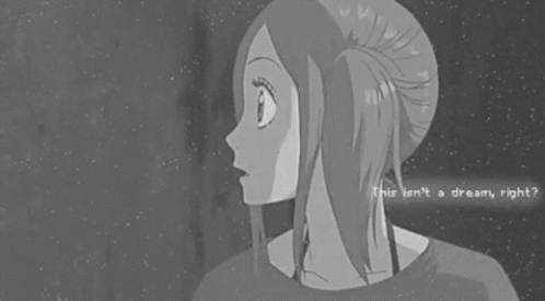 a black and white drawing of a boy and a girl kissing with the words this isn 't a dream right