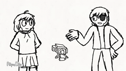 A Black And White Drawing Of A Boy And A Girl Standing Next To Each Other And A Robot . GIF