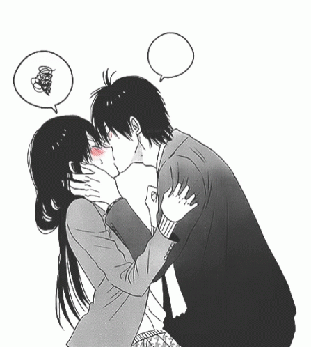 A Black And White Drawing Of A Boy And Girl Kissing GIF